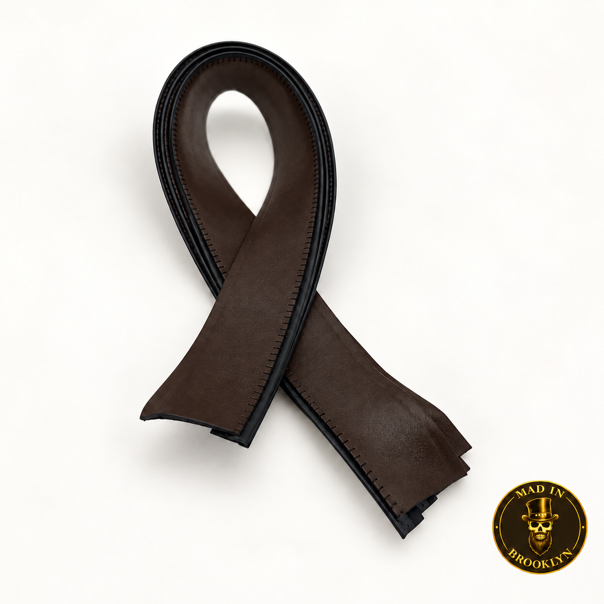 Dark brown roan leather hat sweatband with black stitched edge