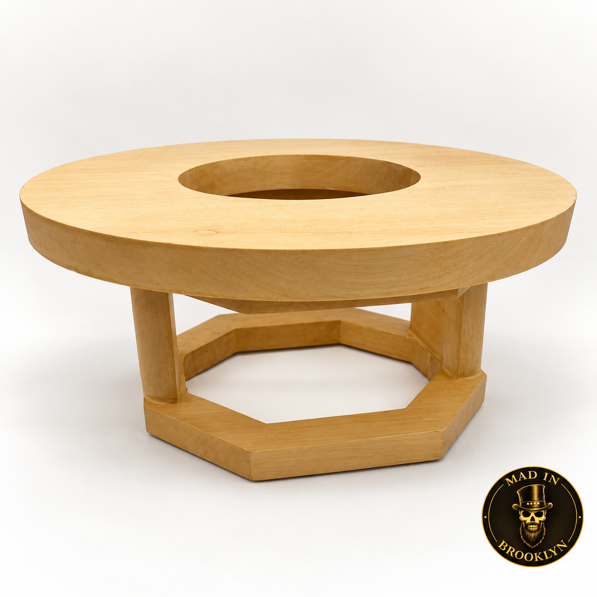 Flat wooden brim block displayed on leg stand; stand not included