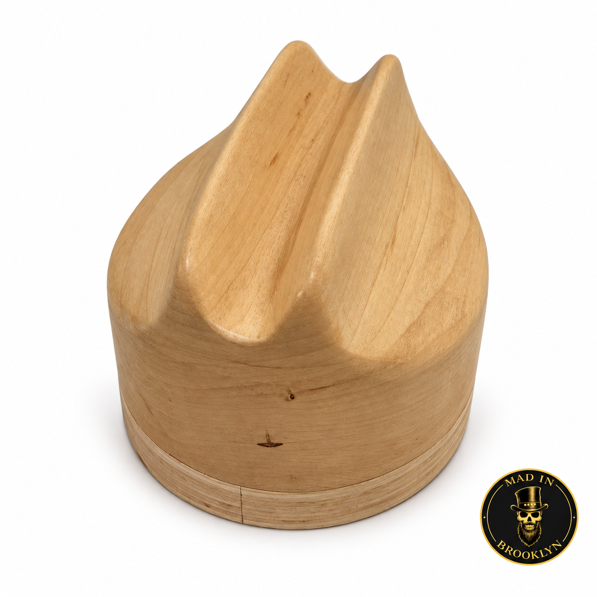 Cattleman Open Road wooden hat block, front three-quarter view