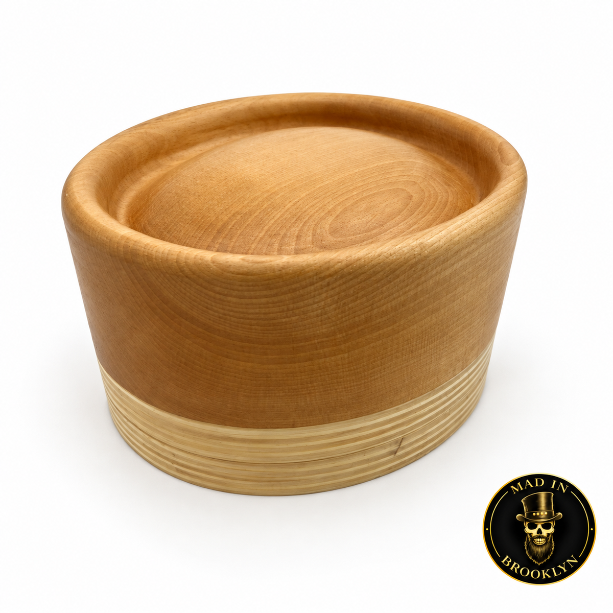 Gaucho pork pie wooden hat block, front three-quarter view