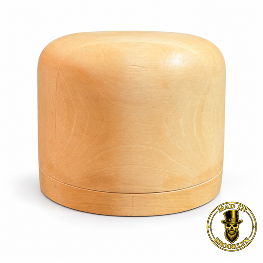 No. 52 flat-top open-crown wooden hat block, front view, removable die plate fitted