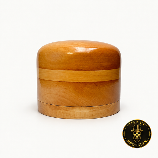 No. 52 Flat-Top Open-Crown Wooden Hat Block, front view with detachable die plate