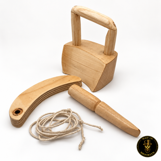 Professional wooden hat-making tool set with runner, puller-downer, tolliker and two blocking cords