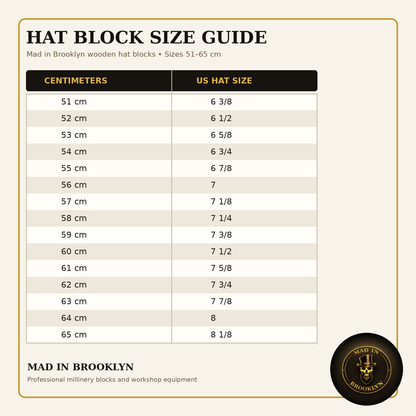 Mad in Brooklyn wooden hat block size chart, 51 to 65 centimeters