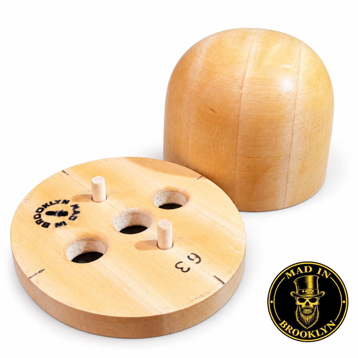 No. 51 wooden hat block with detached die plate, alignment pegs and mounting holes