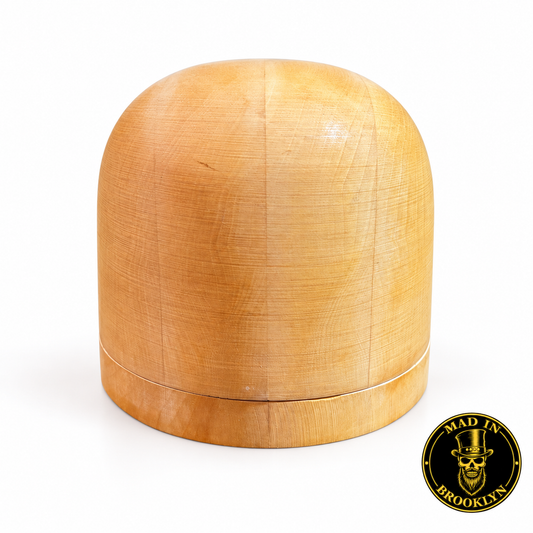 No. 51 rounded open-crown wooden hat block, front view with removable die plate