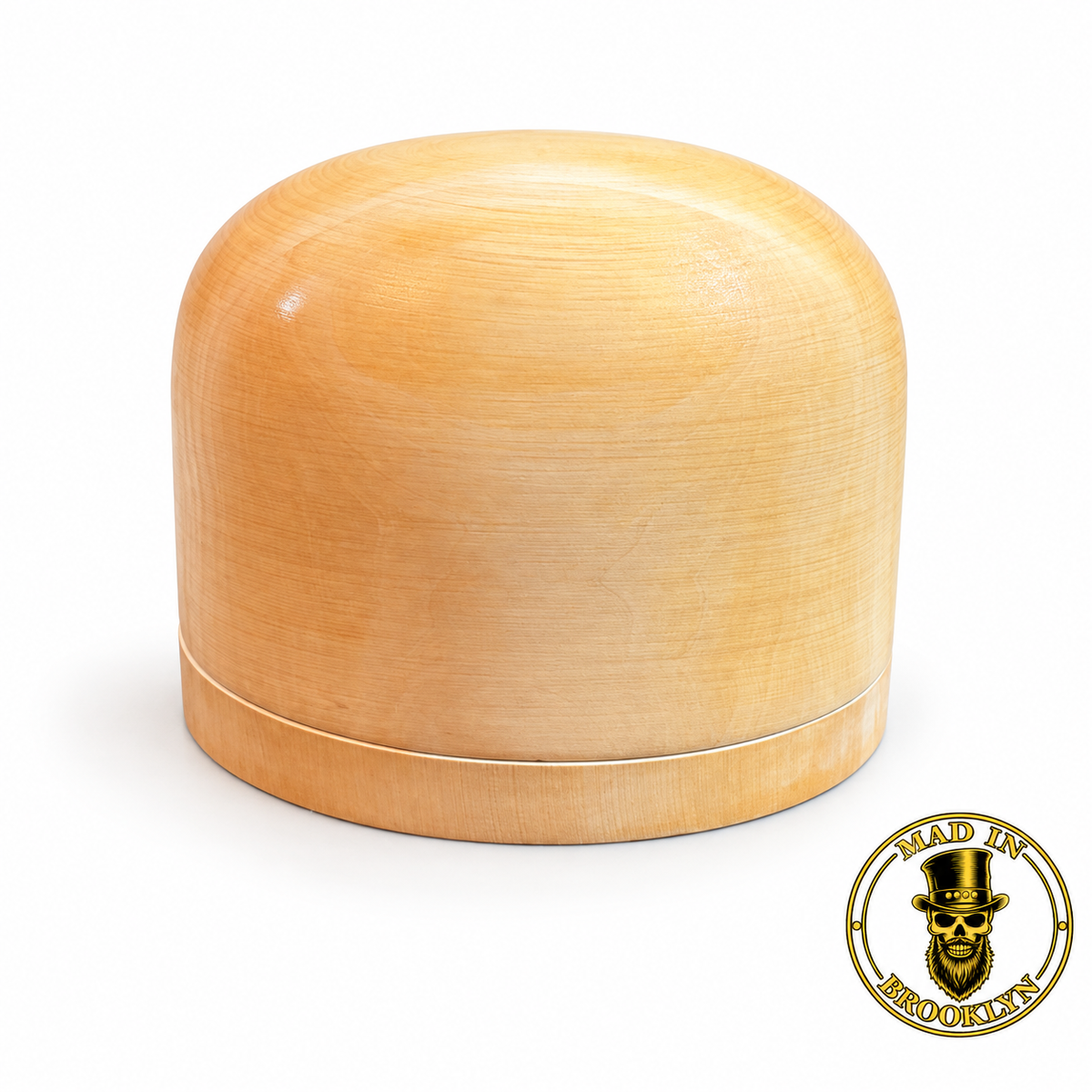 No. 51 rounded wooden hat block, side view showing fitted removable die plate